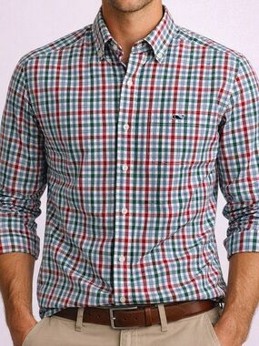 Vineyard Vines Men’s Small Classic Fit Plaid Button Down Preppy Academia Red
